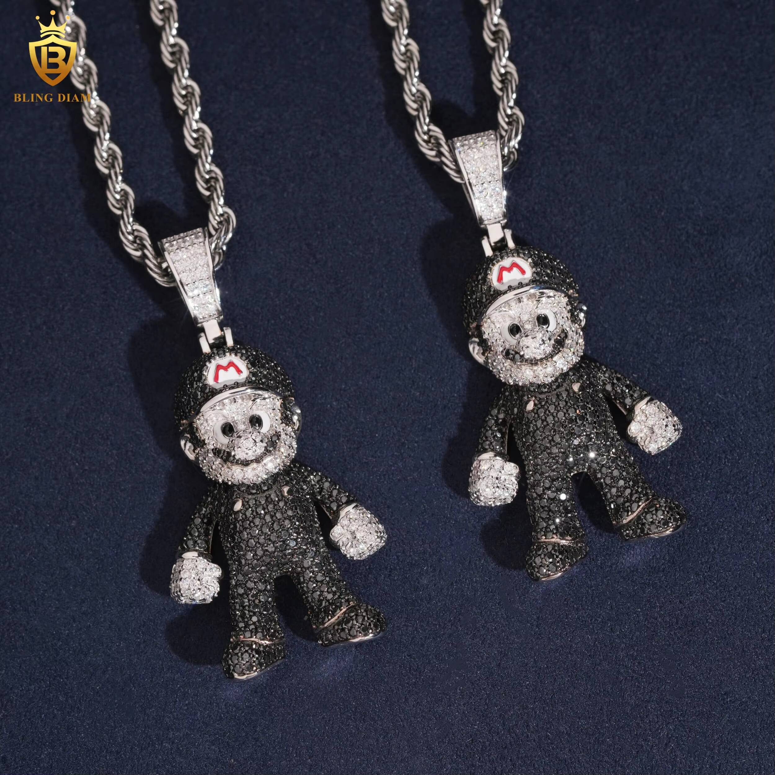 Pendant Charms Mario Cartoon 925 Sterling Silver Round Brilliant Black Moissanite Pendant Fashion Pendants Charms Necklace