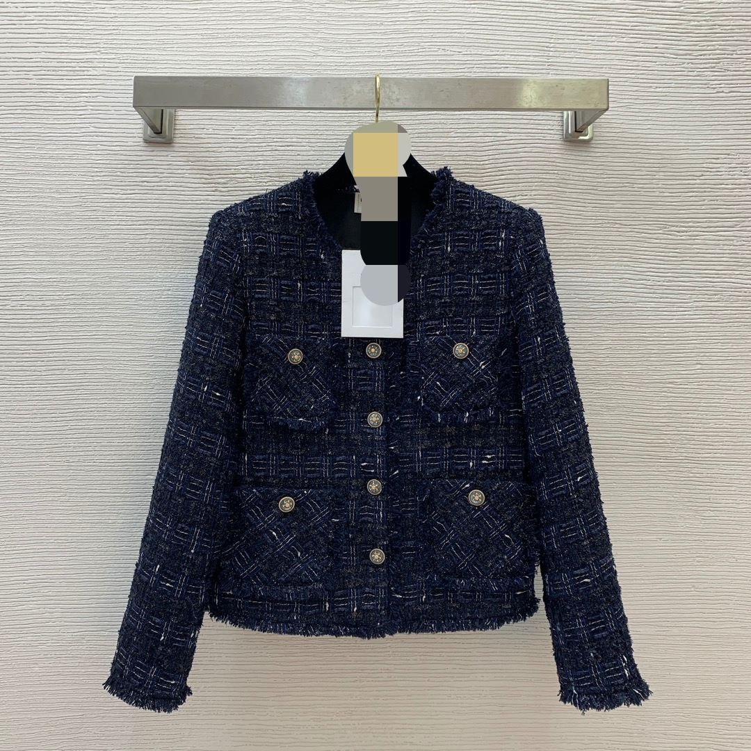 G25022848 2026 New Style Tweed Checkered Fabric Tassel Fringe Round Neck Long Sleeve Short Coat