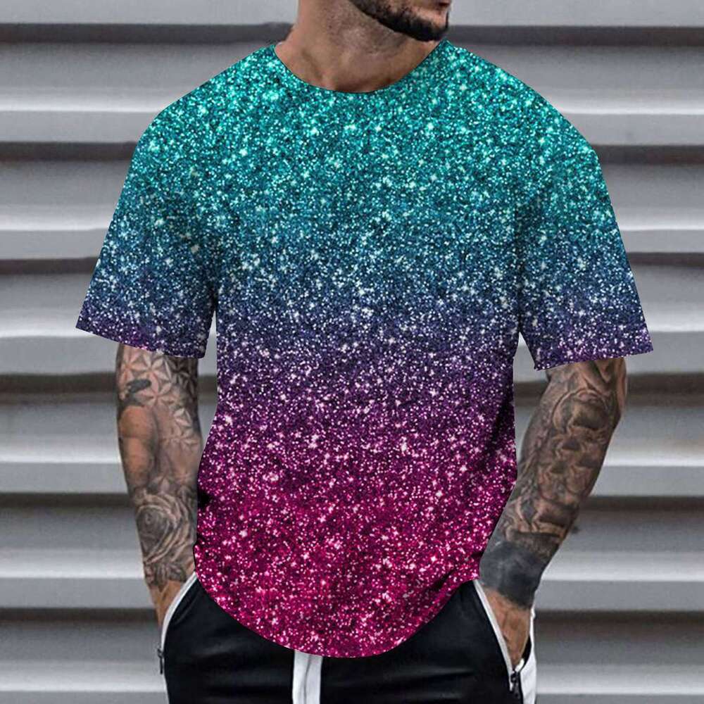 Designer 2026 , Wish, New Men's Casual Printed Rainbow Color Patchwork Luxury T-shirt Short Sleeve Street Fashion Clothing Free Shipping