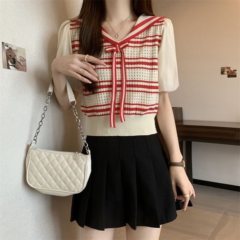 New Korean Preppy Style Navy Collar Puff Short Sleeve Slim Striped Knitted Designer Top Elegant Temperament Casual Daily Streetwear Fashion Blouse For