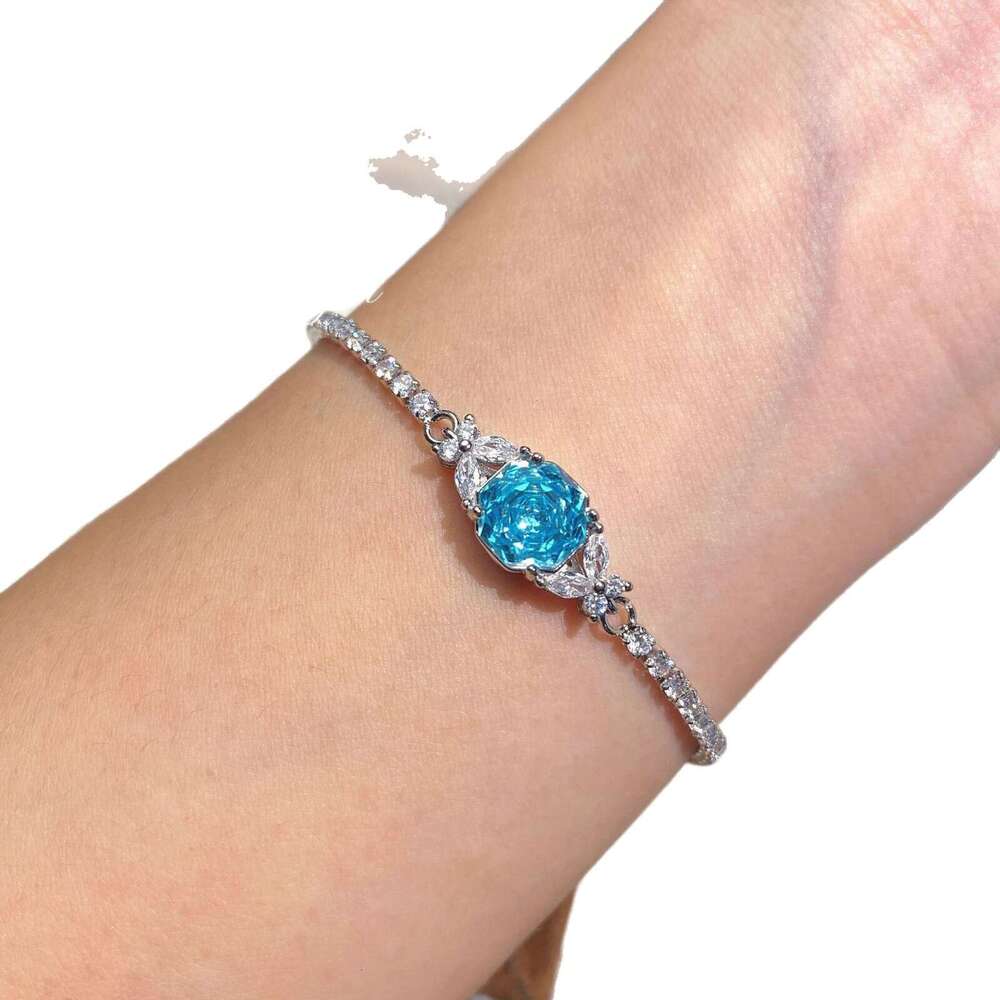 Octagonal Millennium Cut Sea Blue Sparkling Butterfly Fashion Light Luxury Rose Flower Full Inlaid with Diamonds Bracelet Jewelry - view 6