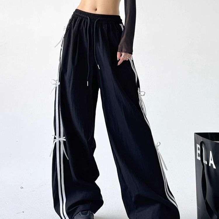 2026 new Trendy Versatile Quick-Drying Wide-Leg Pants Korean Style Black Strappy Bowknot Loose Slimming Elastic Waist Casual Trousers