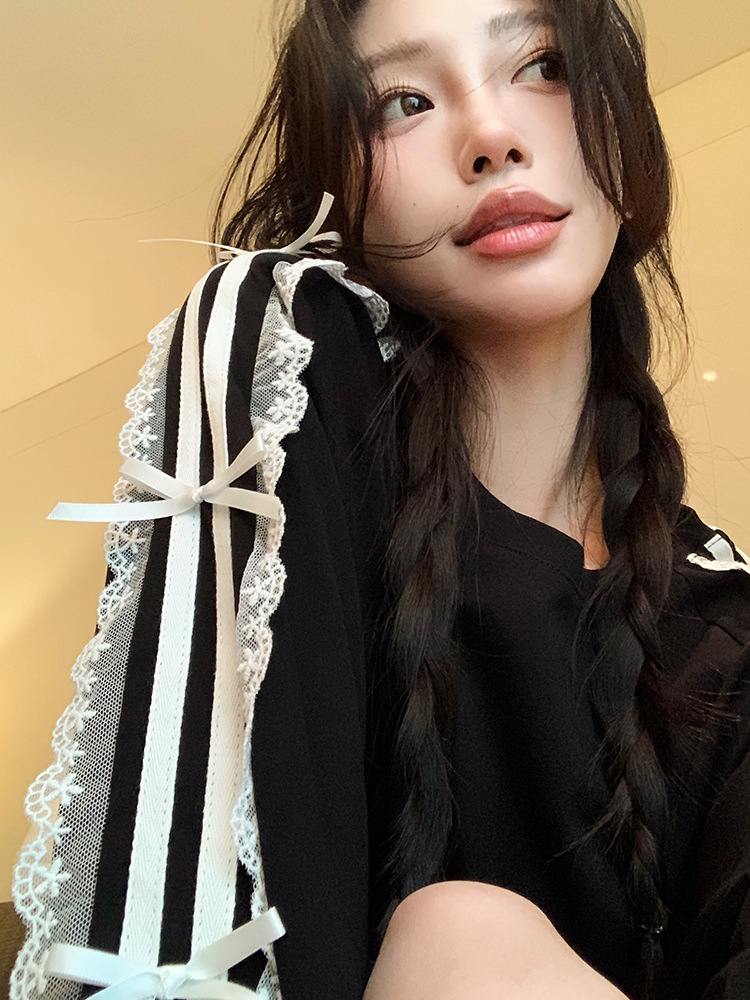 new Women's Summer Korean-style Casual Loose Mid-length Long-sleeved T-shirt with Lace Trim Stripes and Bowknot a Stylish Top