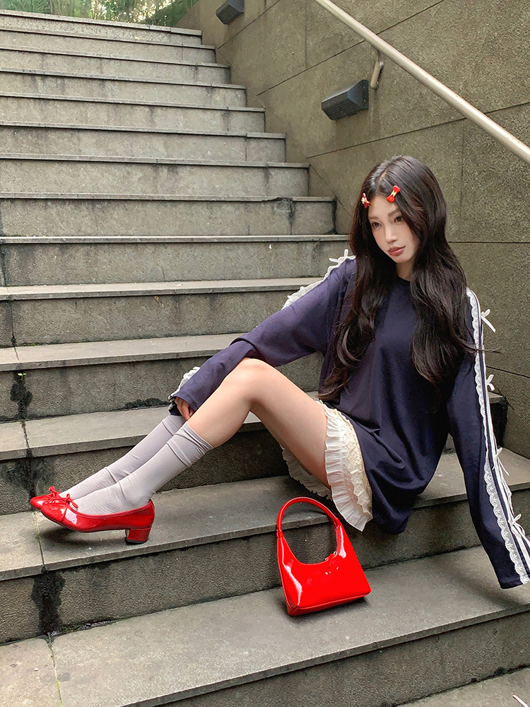 2026 Women's Summer Korean-style Casual Loose Mid-length Long-sleeved T-shirt with Lace Trim Stripes and Bowknot a Stylish Top