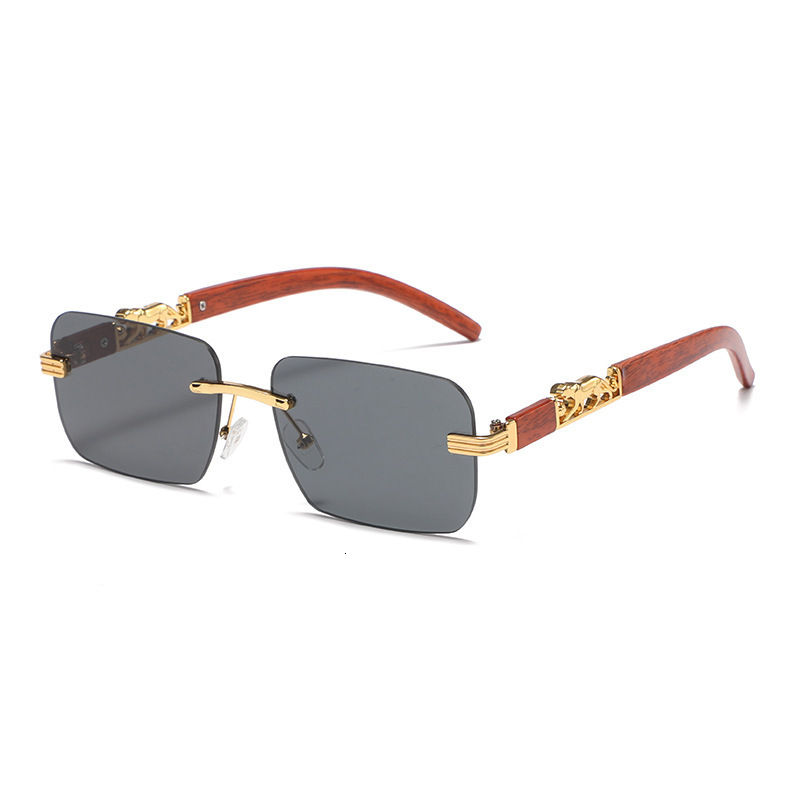 Wood Grain Leopard Head Designer Sunglasses Luxurious Women's Square Frameless Cut Frame Sunglasses Trendy Men's Outdoor Sports Cycling Glas