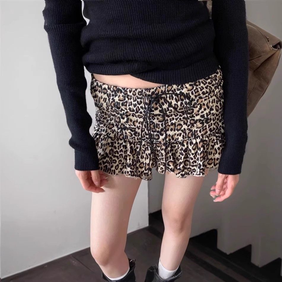 Autumn Leopard Print Bandage Design Cake Designer Skirt American Spicy Girl Retro Style A Line Mini Skirt Pants Elegant Temperament Casual Streetwear 