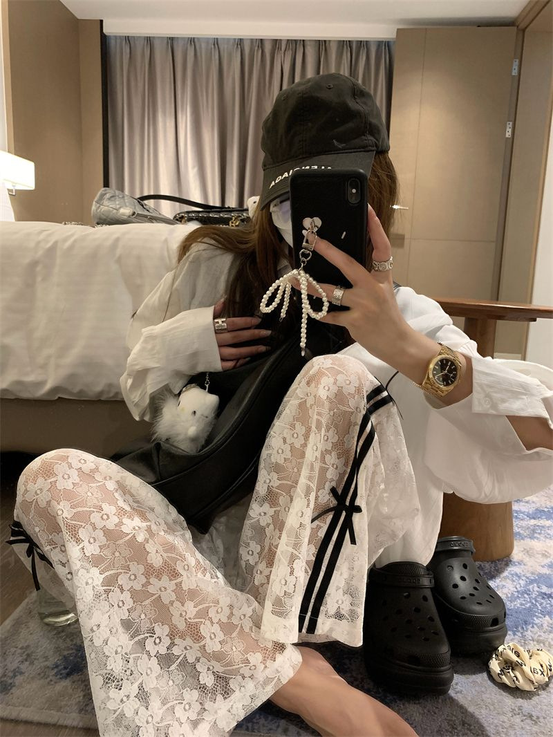 new Summer Design Contrast-color Lace Hollow-out Patchwork Bowknot Lightweight Elastic Waist Loose Wide-leg Trousers Casual Trousers for Women