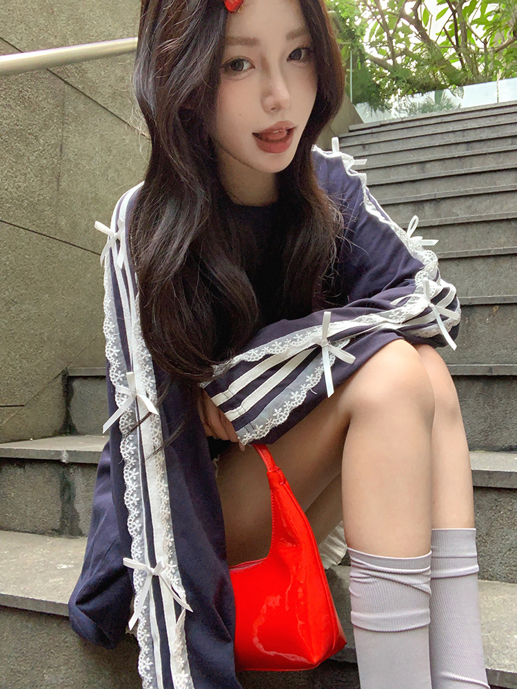 2026 Women's Summer Korean-style Casual Loose Mid-length Long-sleeved T-shirt with Lace Trim Stripes and Bowknot a Stylish Top