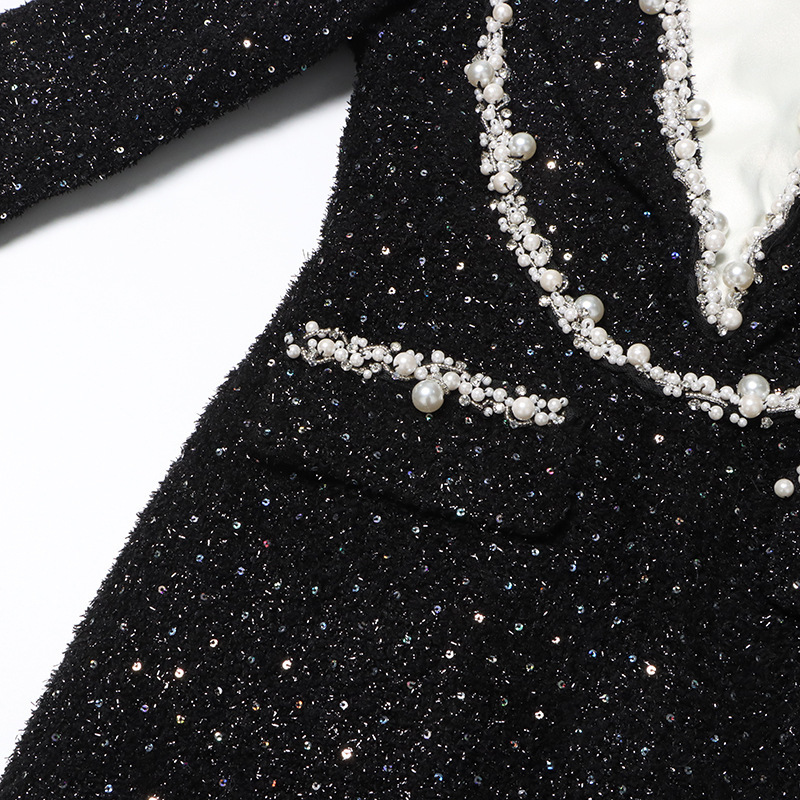 Summer New Korean Style Elegant Tweed Designer Dress Fashion Socialite Spliced Beaded Diamond Inlaid Short Dress Women High End Temperament Slim Fit C