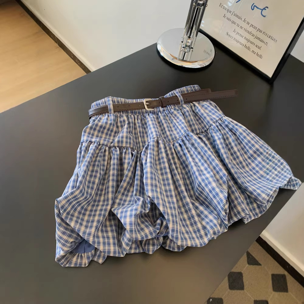 New Blue Plaid Bud Shade Meat A Line Designer Skirt Plus Size Fat MM Slim Casual Age Reducing Puff Half Mini Skirt Elegant Temperament High Waist Casu
