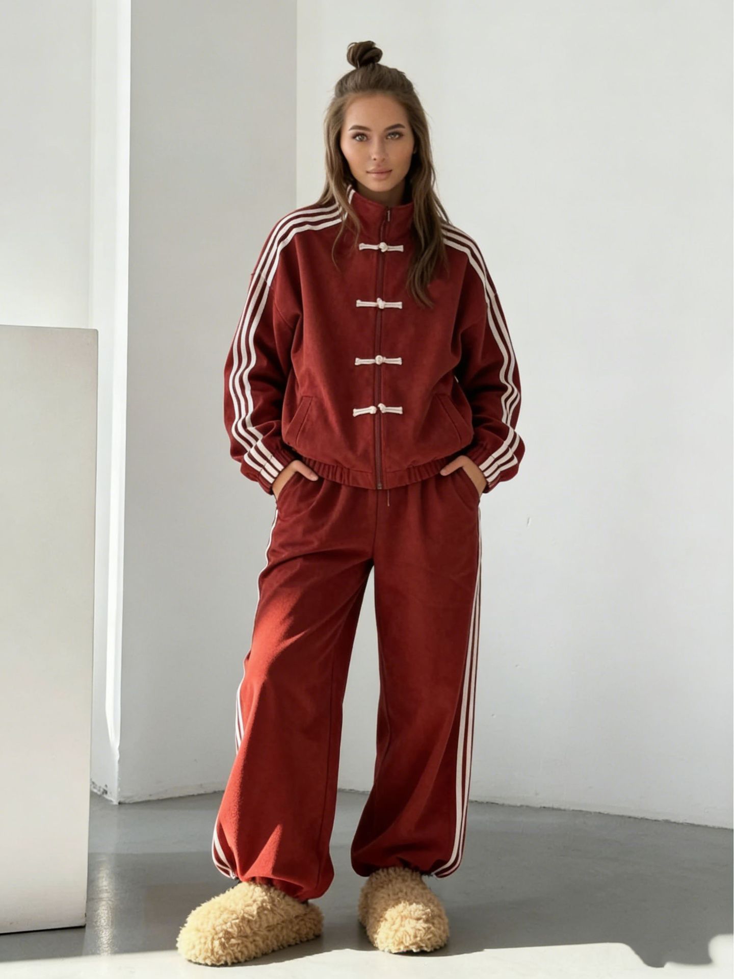 2026 Leisure suit retro stand - collar jacket wide - leg sport pants two - piece set