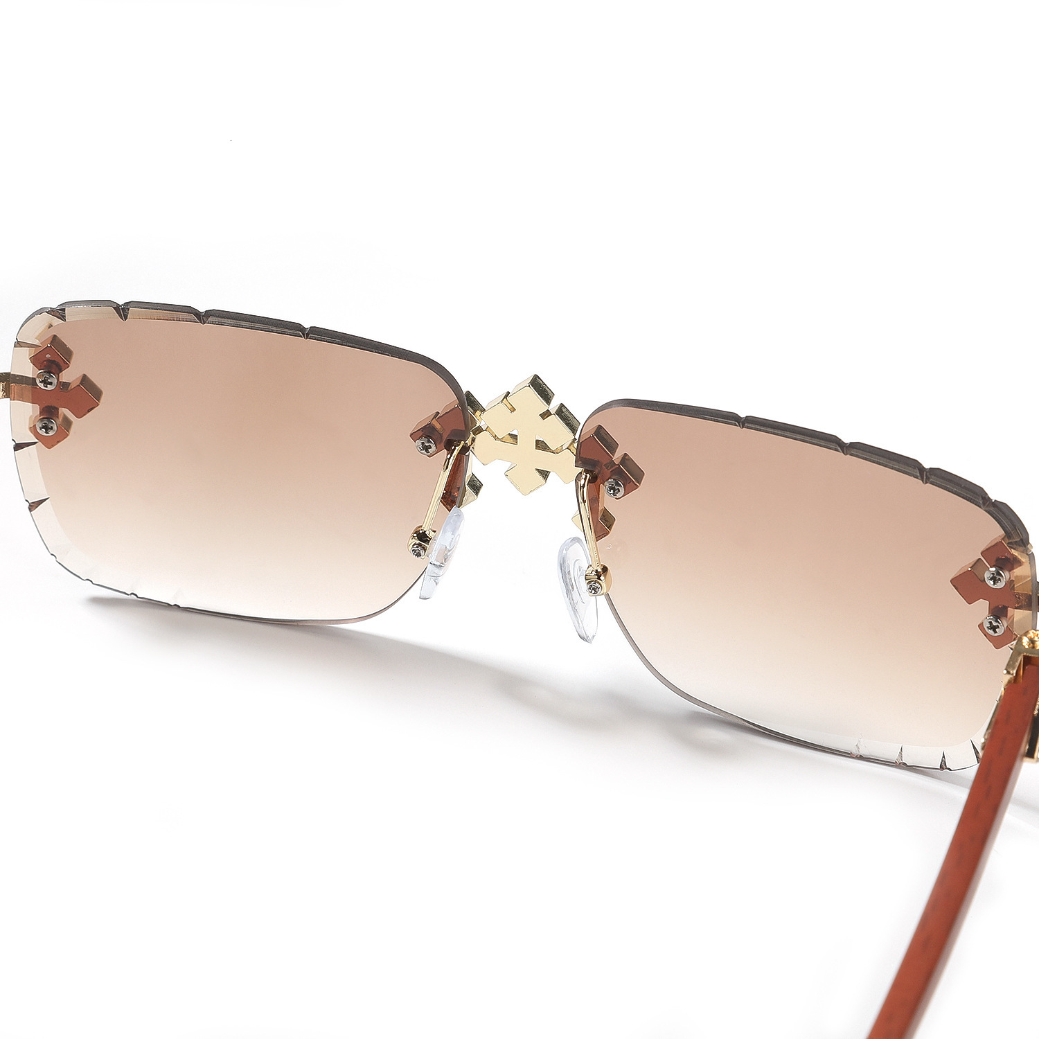 New Hip-hop Fashion Rimless Cut-edge Designer Sunglasses Diamond Inlaid Lens Imitation Wood Grain Temple Outdoor Street Shooting Trendy UV Protection 