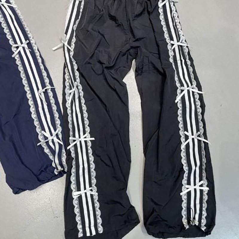 2026 Summer Elastic Waist Lace Trim White Striped Butterfly Cuffed Sweatpants and Joggers