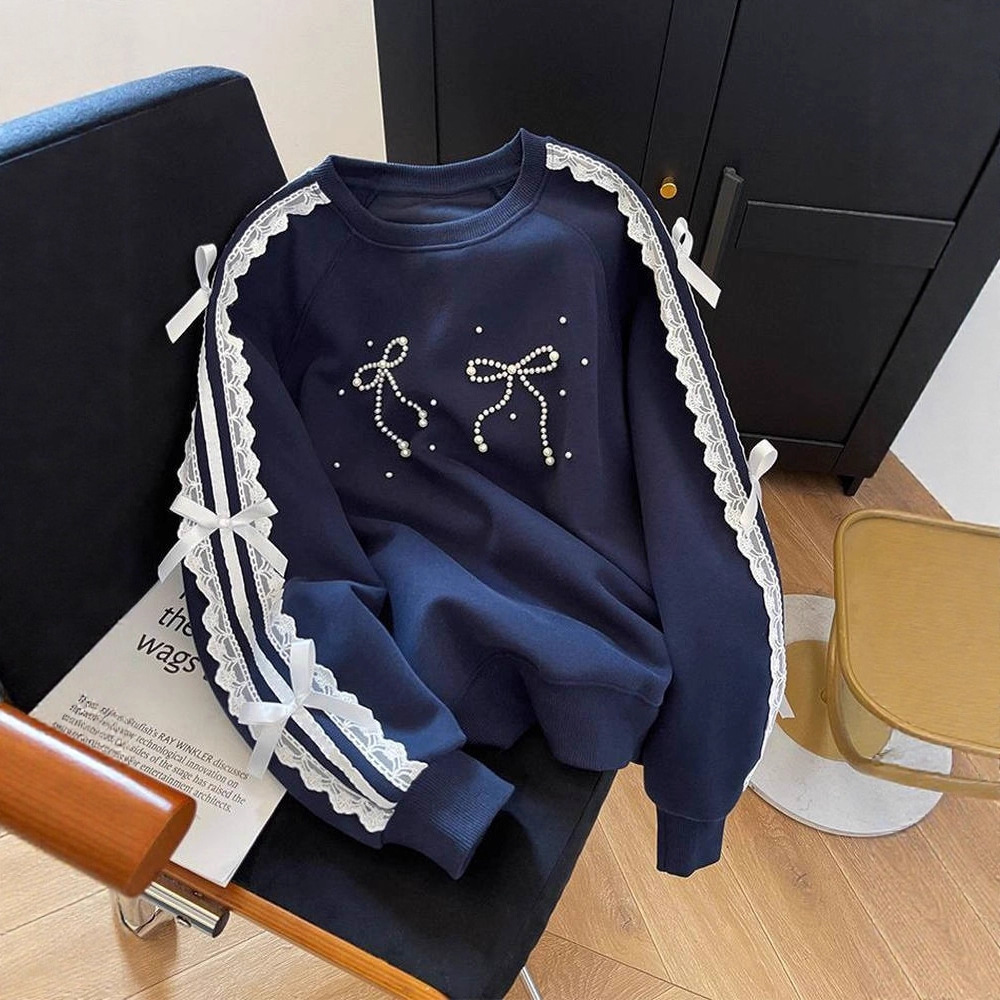 2026 new Sweet Style Lace Beaded Bow - detailed Pullover Fleece - lined Sweatshirt for Women Korean - style Design Top for Autumn and Winter