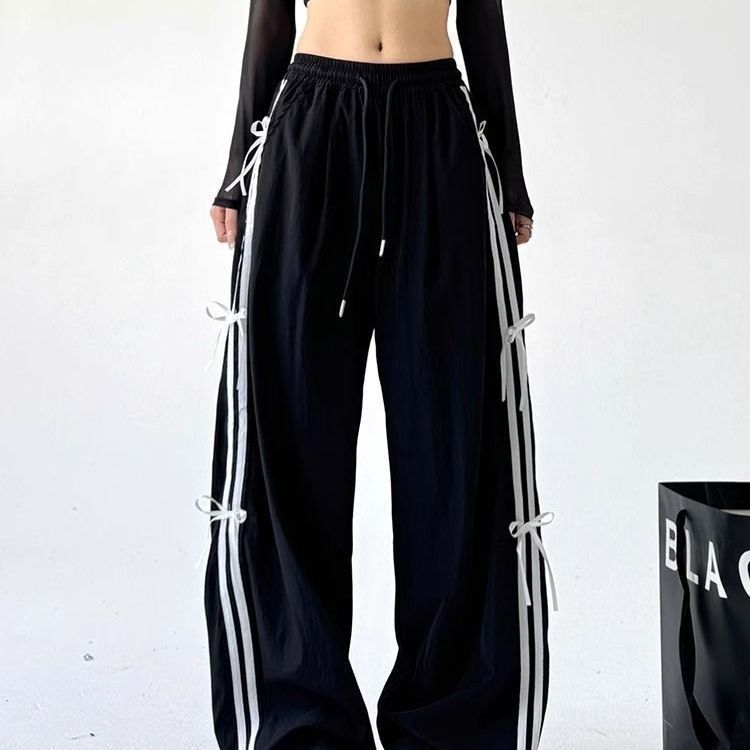 2026 new Trendy Versatile Quick-Drying Wide-Leg Pants Korean Style Black Strappy Bowknot Loose Slimming Elastic Waist Casual Trousers