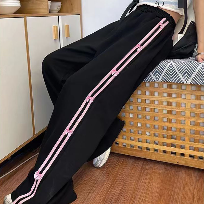 2026 Women's Casual Sweatpants with Bow and Side Stripes Loose and Slim-Fitting Wide-Leg Sports Trousers for Students Autumn and Winter