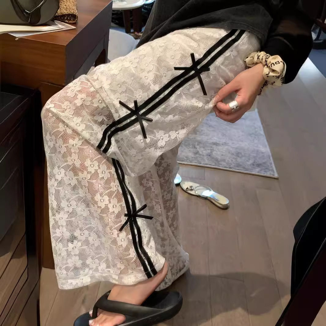 2026 Summer Design Contrast-color Lace Hollow-out Patchwork Bowknot Lightweight Elastic Waist Loose Wide-leg Trousers Casual Trousers for Women
