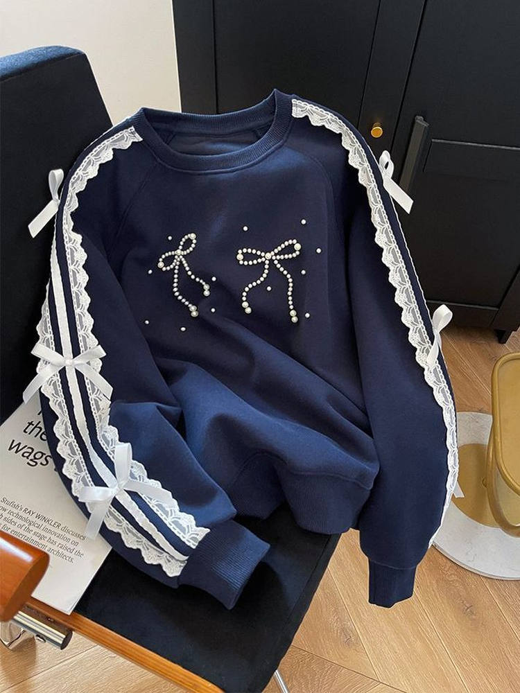 2026 new Sweet Style Lace Beaded Bow - detailed Pullover Fleece - lined Sweatshirt for Women Korean - style Design Top for Autumn and Winter