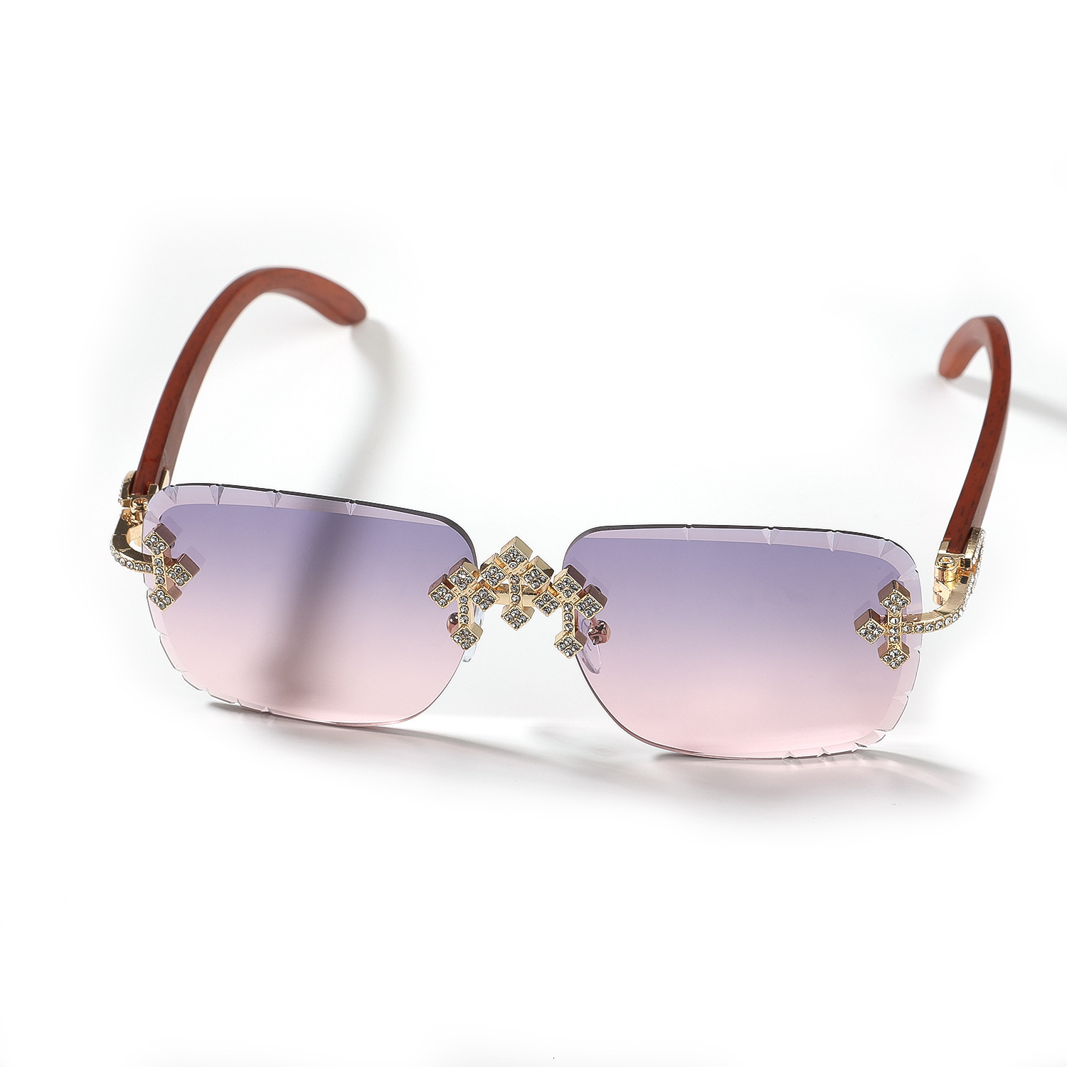 New Hip-hop Fashion Rimless Cut-edge Designer Sunglasses Diamond Inlaid Lens Imitation Wood Grain Temple Outdoor Street Shooting Trendy UV Protection 