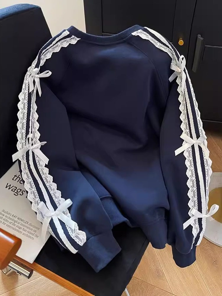 2026 new Sweet Style Lace Beaded Bow - detailed Pullover Fleece - lined Sweatshirt for Women Korean - style Design Top for Autumn and Winter
