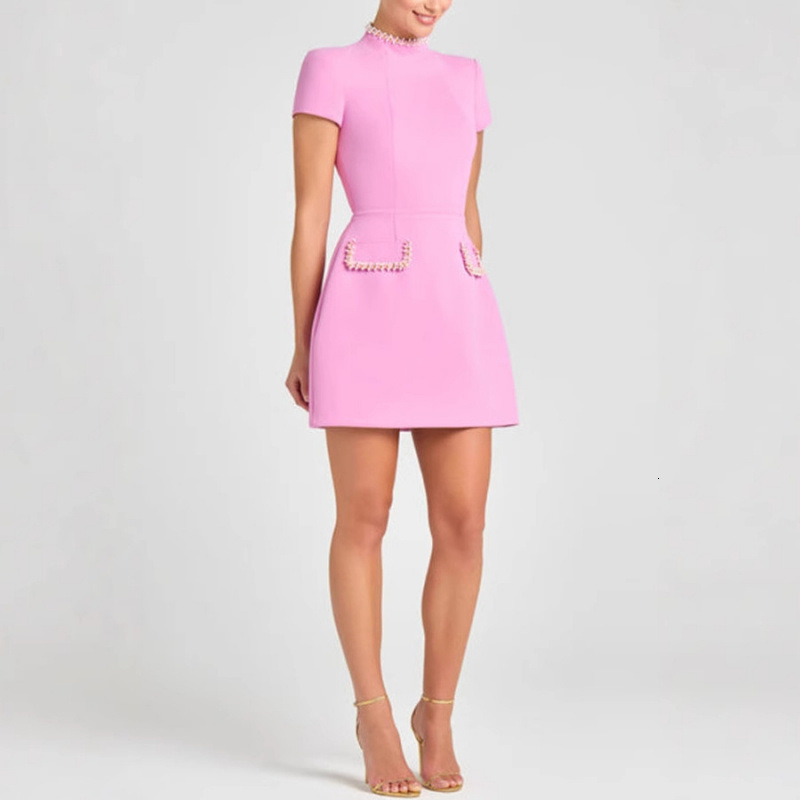 New European Summer Slim Fit Round Neck Beaded Tweed Designer Dress Elegant Temperament Luxury Style Mini Dress Casual Daily Party Streetwear Fashion 