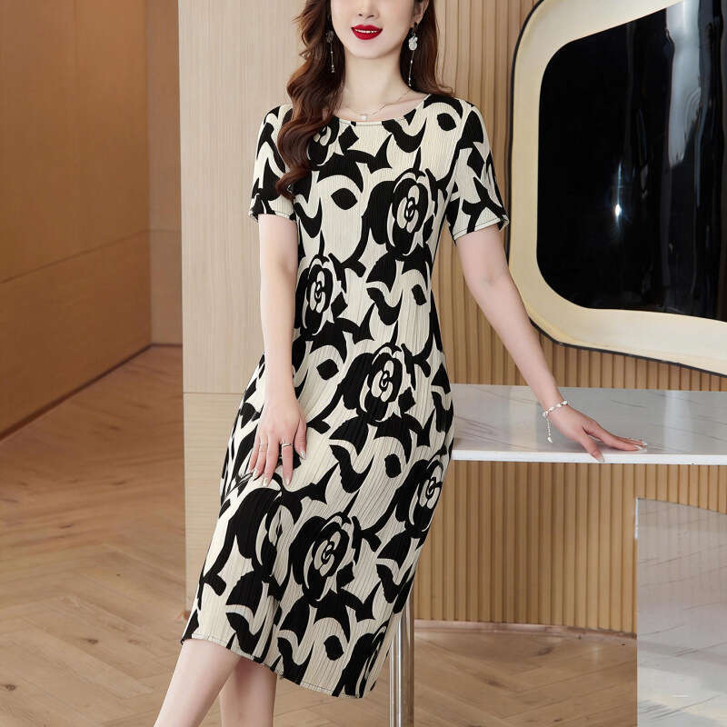2026 European American Style Elegant Spring New Dress With Printed Chiffon, Long Sleeves, V-Neck, And Tie Belt