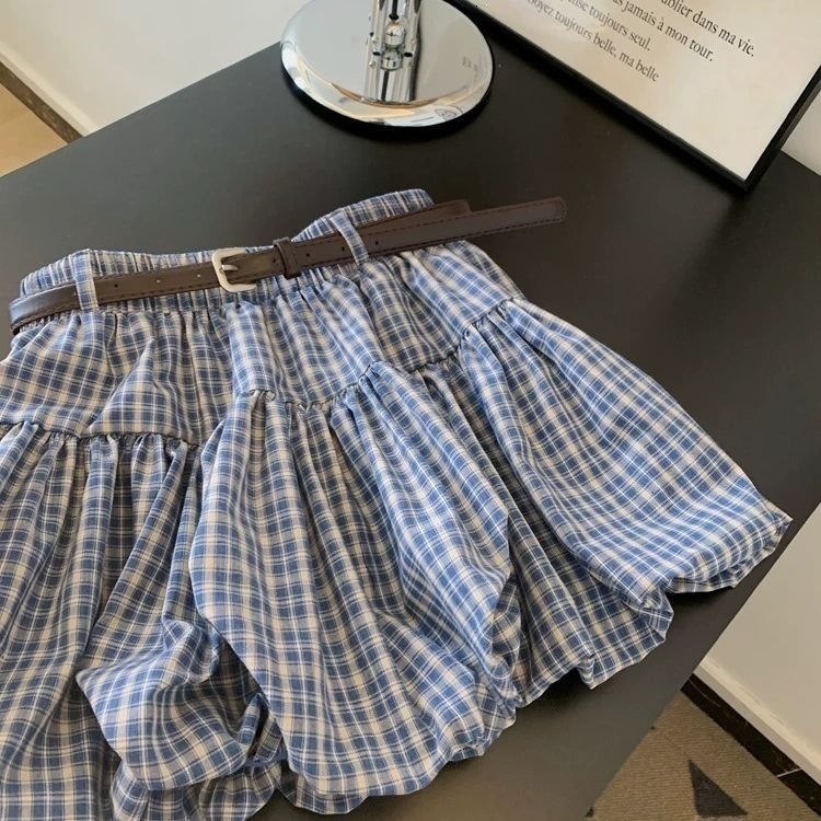 New Blue Plaid Bud Designer Skirt Petite Figure Slim Hide Meat A Line Mini Skirt Elegant Temperament High Waist Casual Daily Streetwear Trendy Versati