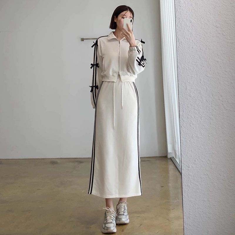 2026 Women's Fall Youthful - reducing Long - sleeve Striped Jacket Embellished with Bows + Straight - tube Maxi Skirt