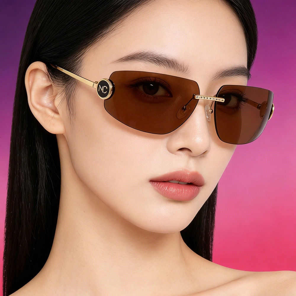 New Fashion Rimless Metal Designer Sunglasses High-end Windproof Y2K Tech Style Eyewear Hot Girl Trendy Outdoor Street Shooting UV Protection Sun Shad