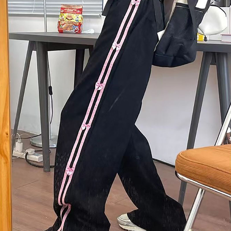 2026 Women's Casual Sweatpants with Bow and Side Stripes Loose and Slim-Fitting Wide-Leg Sports Trousers for Students Autumn and Winter
