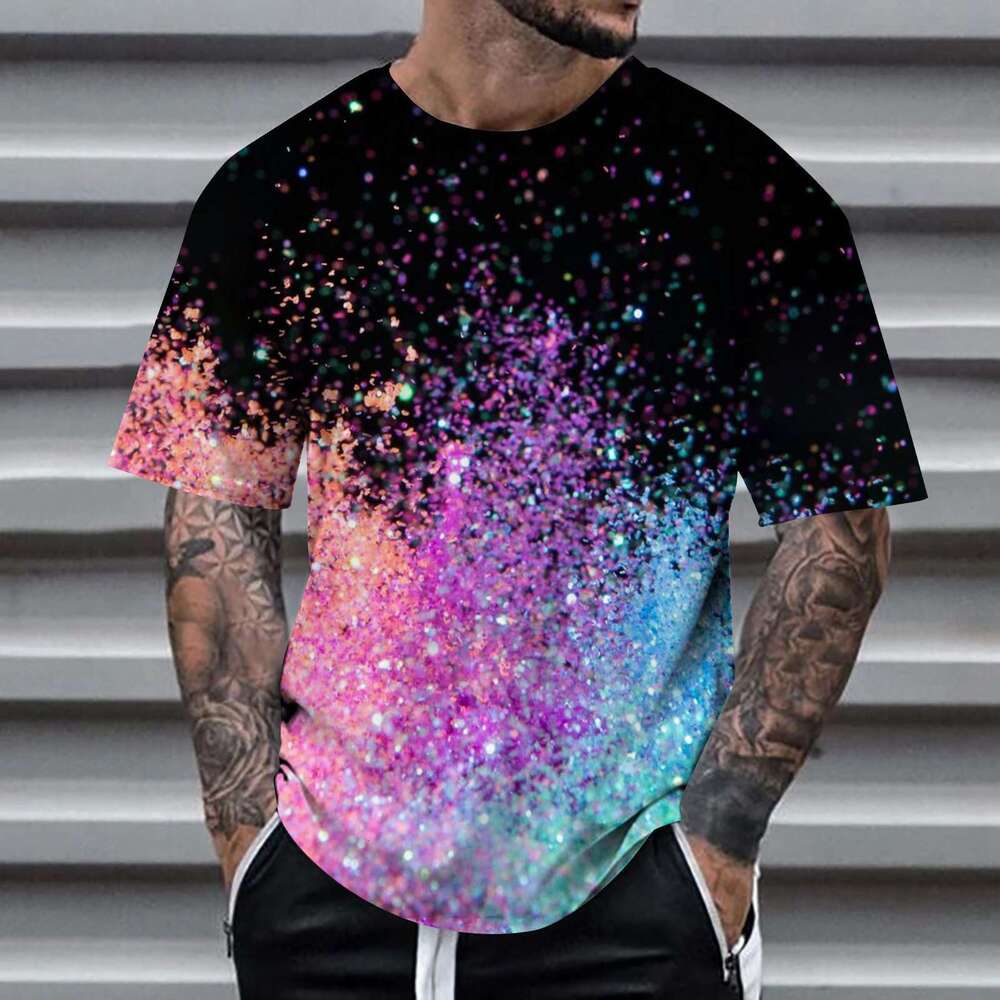 Designer 2026 , Wish, New Men's Casual Printed Rainbow Color Patchwork Luxury T-shirt Short Sleeve Street Fashion Clothing Free Shipping