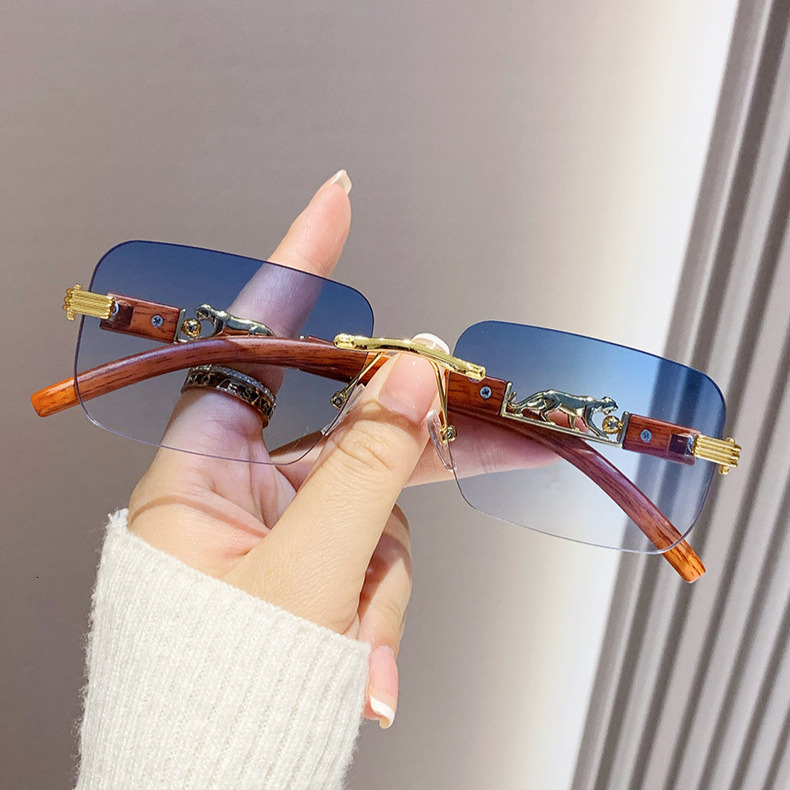 Wood Grain Leopard Head Designer Sunglasses Luxurious Women's Square Frameless Cut Frame Sunglasses Trendy Men's Outdoor Sports Cycling Glas