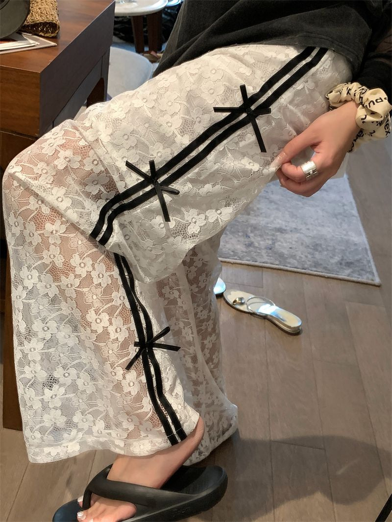 2026 Summer Design Contrast-color Lace Hollow-out Patchwork Bowknot Lightweight Elastic Waist Loose Wide-leg Trousers Casual Trousers for Women
