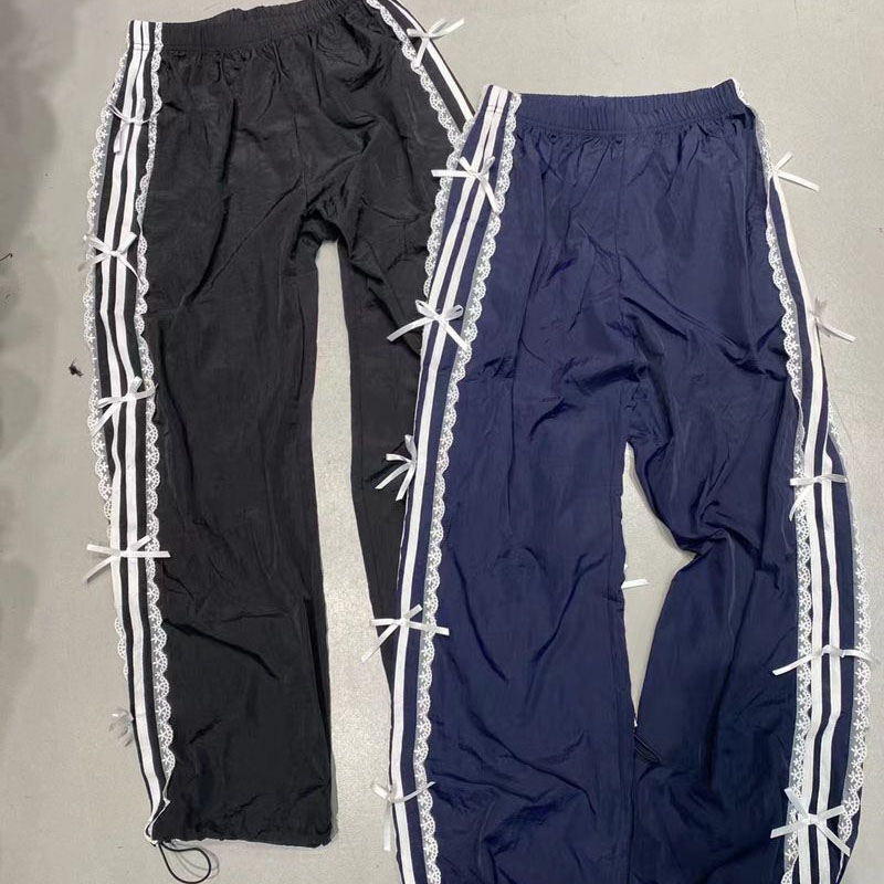 2026 Summer Elastic Waist Lace Trim White Striped Butterfly Cuffed Sweatpants and Joggers
