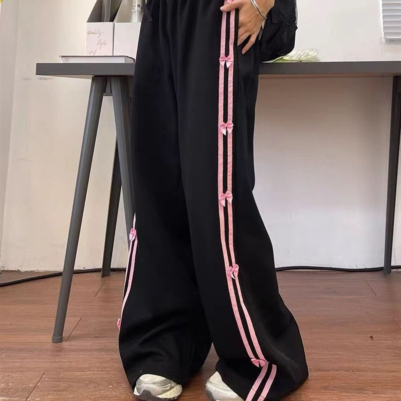 2026 Women's Casual Sweatpants with Bow and Side Stripes Loose and Slim-Fitting Wide-Leg Sports Trousers for Students Autumn and Winter