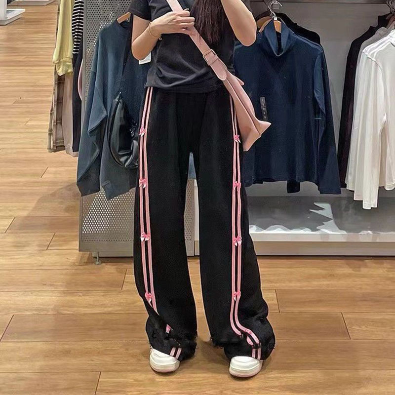2026 Women's Casual Sweatpants with Bow and Side Stripes Loose and Slim-Fitting Wide-Leg Sports Trousers for Students Autumn and Winter