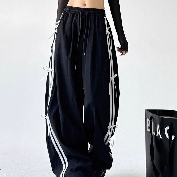 2026 new Trendy Versatile Quick-Drying Wide-Leg Pants Korean Style Black Strappy Bowknot Loose Slimming Elastic Waist Casual Trousers