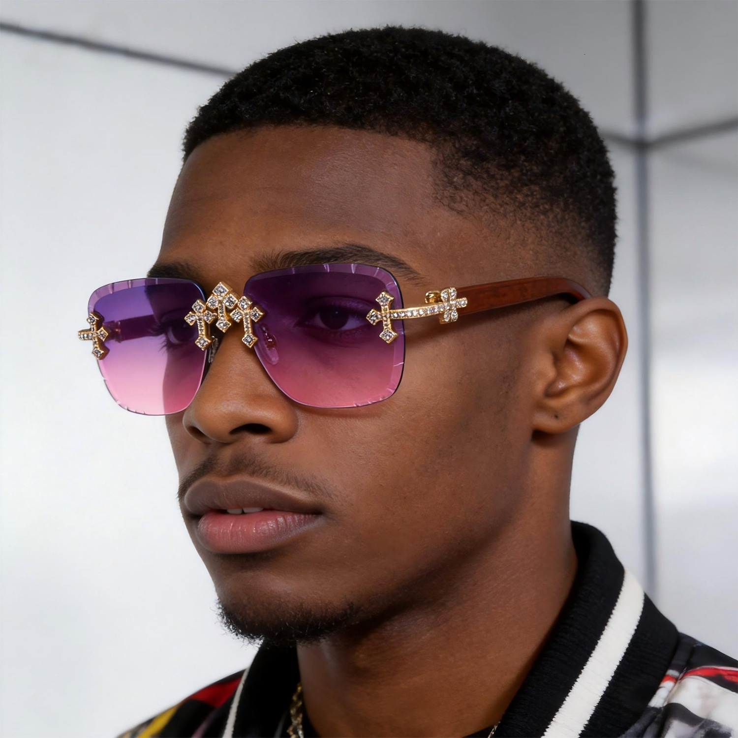 New Hip-hop Fashion Rimless Cut-edge Designer Sunglasses Diamond Inlaid Lens Imitation Wood Grain Temple Outdoor Street Shooting Trendy UV Protection 
