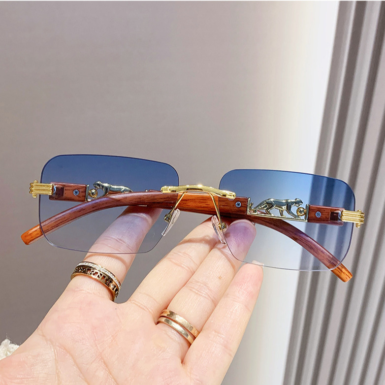 Wood Grain Leopard Head Designer Sunglasses Luxurious Women's Square Frameless Cut Frame Sunglasses Trendy Men's Outdoor Sports Cycling Glas