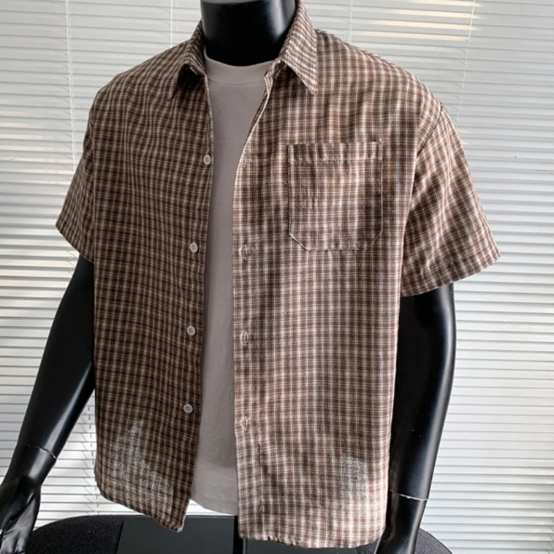 High Street Plaid Shirt Men Shirts 2026 Summer Fashion Chemise Homme Mens Checkered Short Sleeve Man Blouse 260430