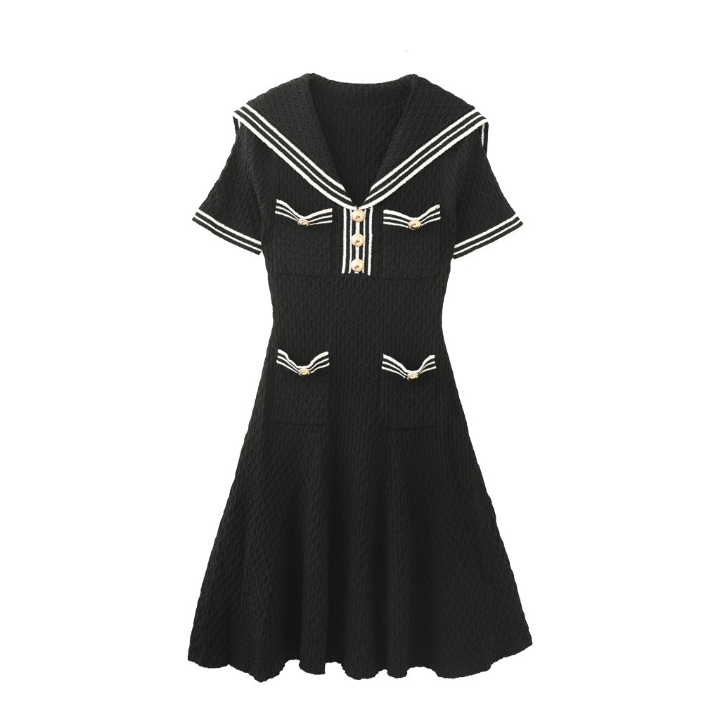 French Style Navy Collar Retro Knitted Designer Dress Short Sleeve Age-reducing Temperament Niche Design Elegant Slim Casual Daily Streetwear Fashion 