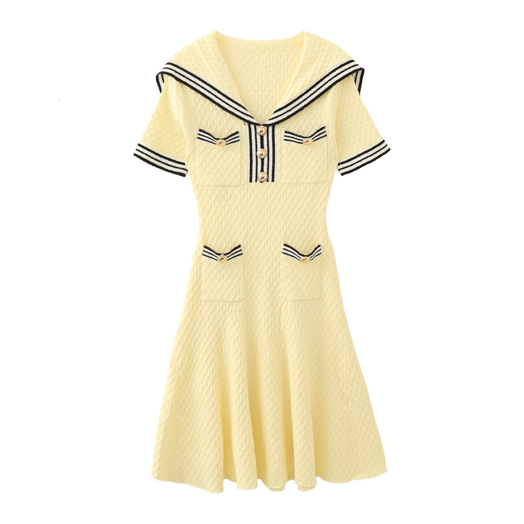 French Style Navy Collar Retro Knitted Designer Dress Short Sleeve Age-reducing Temperament Niche Design Elegant Slim Casual Daily Streetwear Fashion 