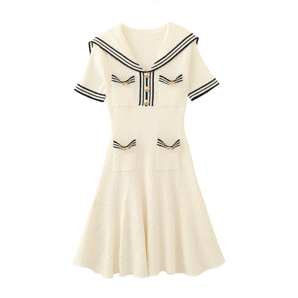 French Style Navy Collar Retro Knitted Designer Dress Short Sleeve Age-reducing Temperament Niche Design Elegant Slim Casual Daily Streetwear Fashion 