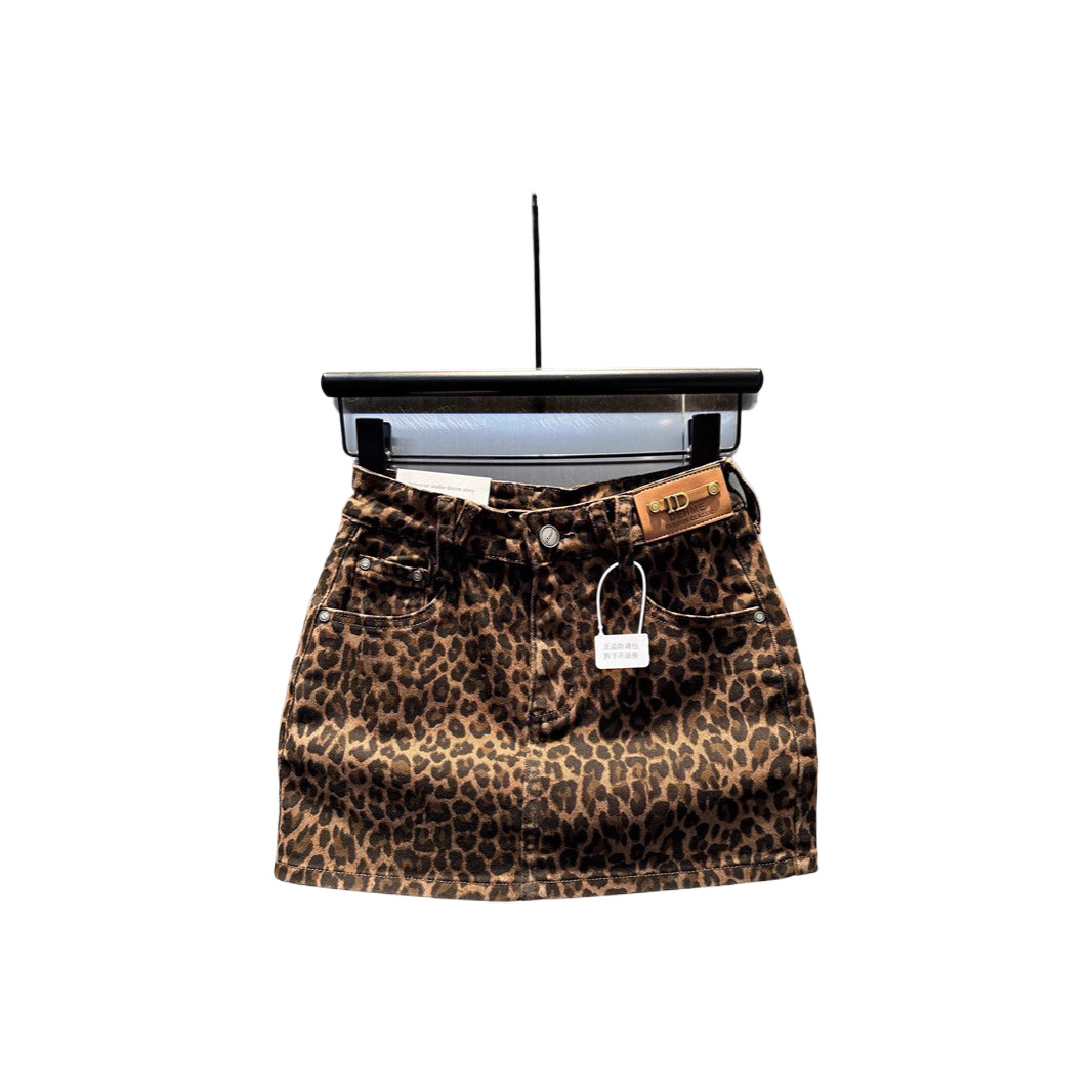 Autumn European Style Elastic Coffee Leopard Denim Designer Skirt Spicy Girl Patch Design Petite Figure Hip Wrapped Mini Skirt Elegant Temperament Hig