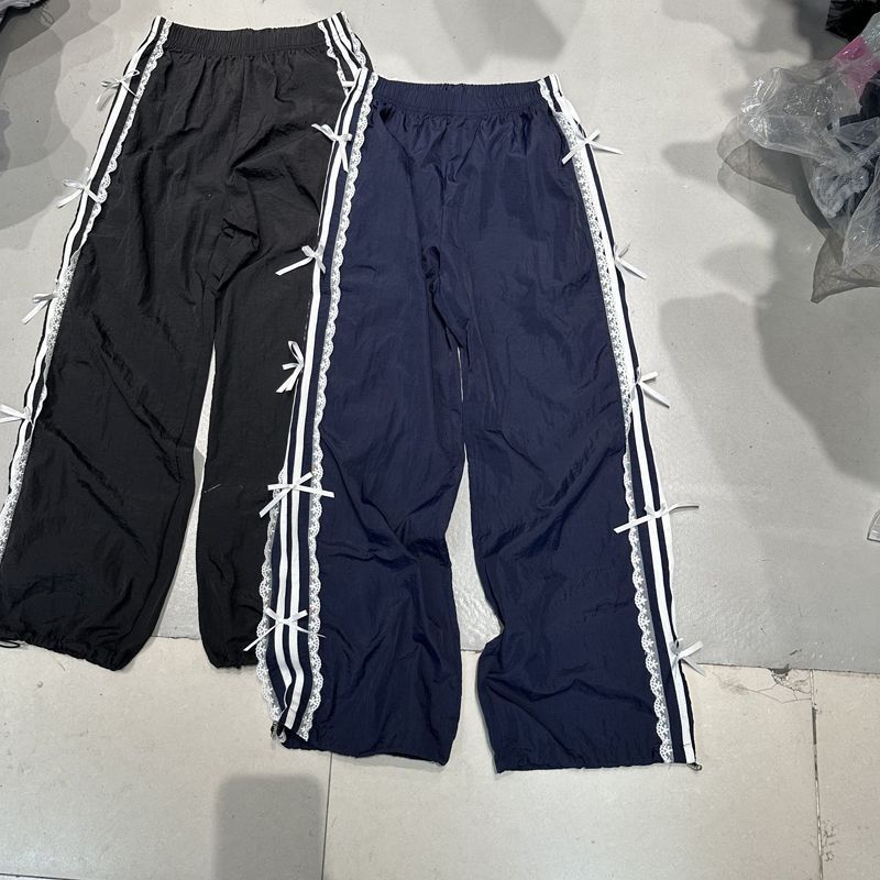 2026 Summer Elastic Waist Lace Trim White Striped Butterfly Cuffed Sweatpants and Joggers