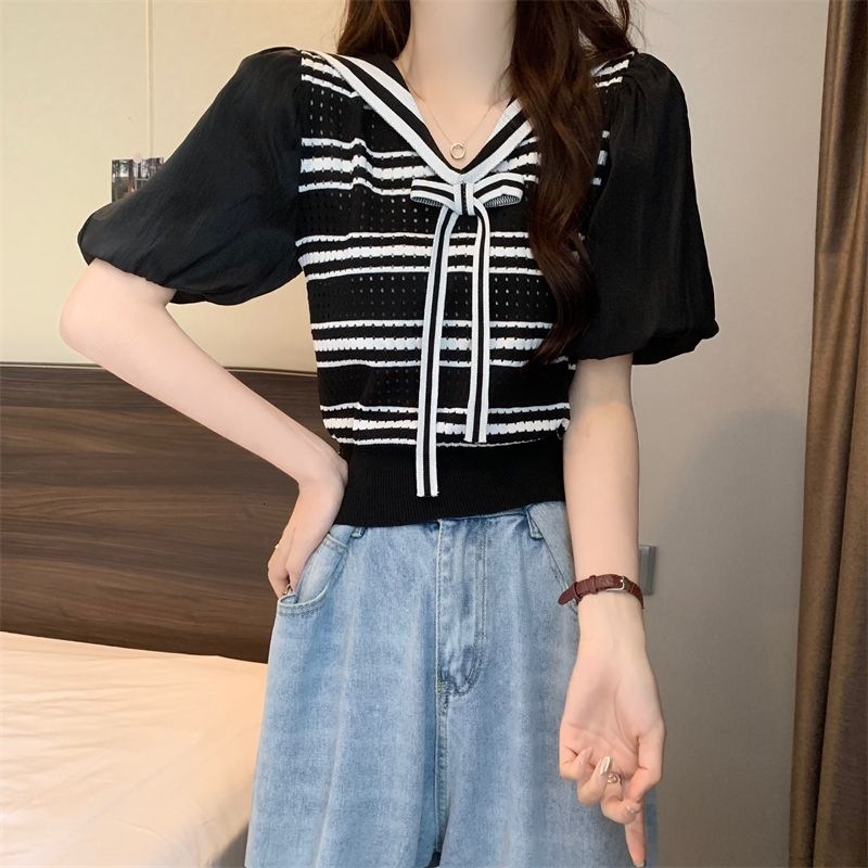 New Korean Preppy Style Navy Collar Puff Short Sleeve Slim Striped Knitted Designer Top Elegant Temperament Casual Daily Streetwear Fashion Blouse For