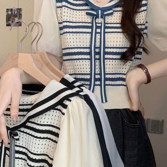 New Korean Preppy Style Navy Collar Puff Short Sleeve Slim Striped Knitted Designer Top Elegant Temperament Casual Daily Streetwear Fashion Blouse For