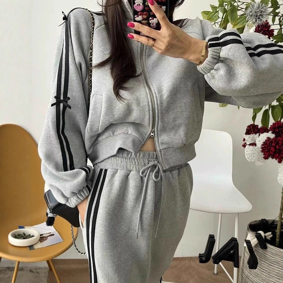 2026 Women's Fall Youthful - reducing Long - sleeve Striped Jacket Embellished with Bows + Straight - tube Maxi Skirt