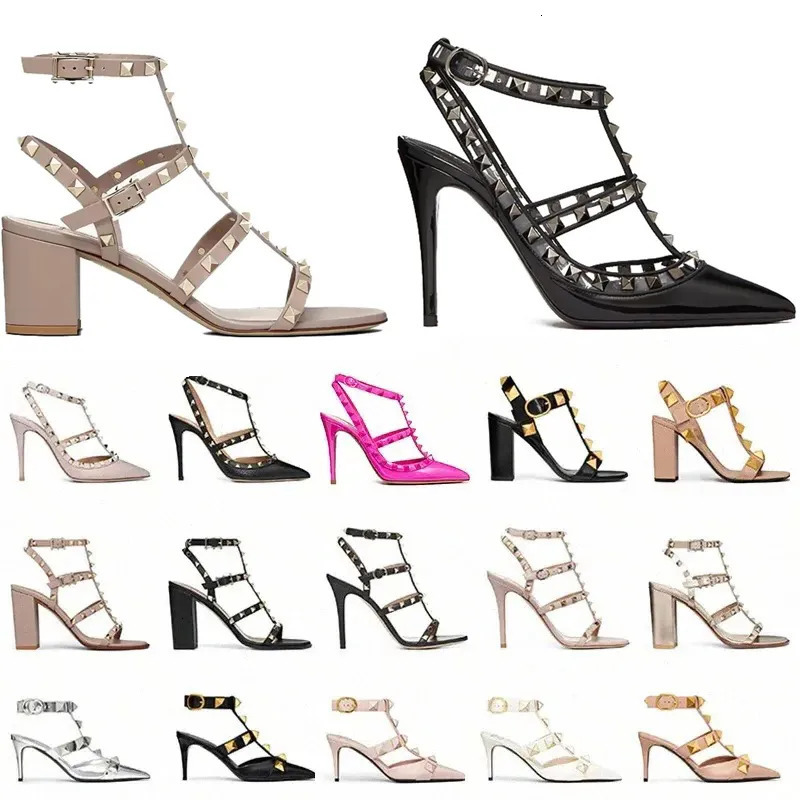 News Designer High VT Sandal Dress Shoes Valentines Day Ankle Strap Roman Studs Black Nude Strip Point Toe Rivet Womens Party Wedding Stiletto Block Heel