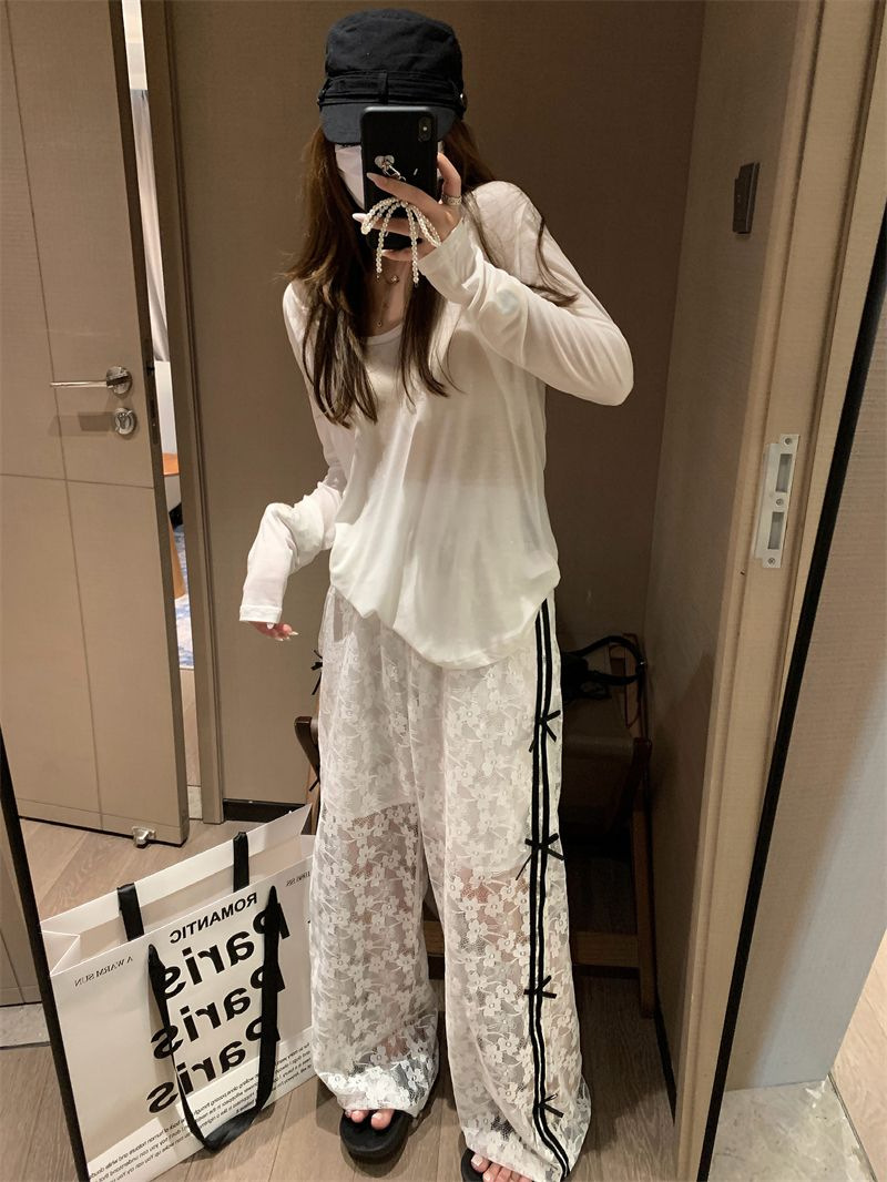 2026 Summer Design Contrast-color Lace Hollow-out Patchwork Bowknot Lightweight Elastic Waist Loose Wide-leg Trousers Casual Trousers for Women
